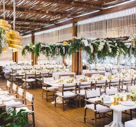 large wedding seating arrangement with many plants