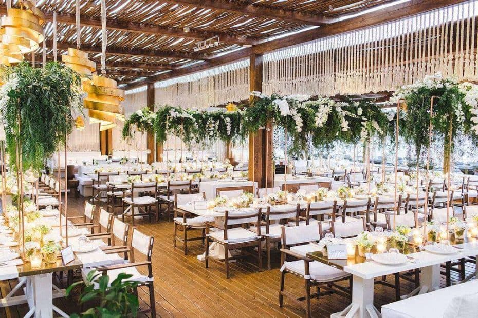 large wedding seating arrangement with many plants