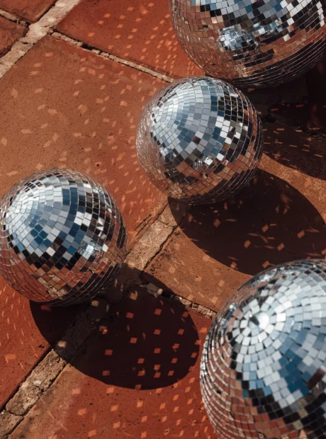Image of disco balls on floor at wedding venu Las Cicadas, Ibiza
