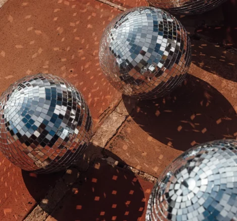 Image of disco balls on floor at wedding venu Las Cicadas, Ibiza