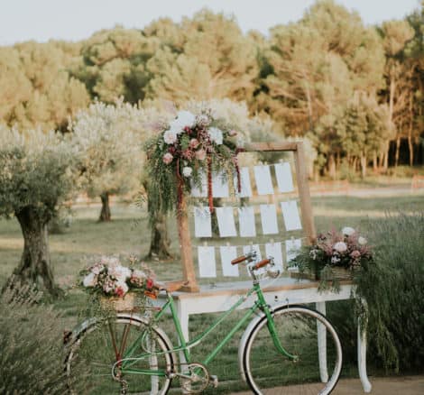bicycle decorated with wedding bouquets