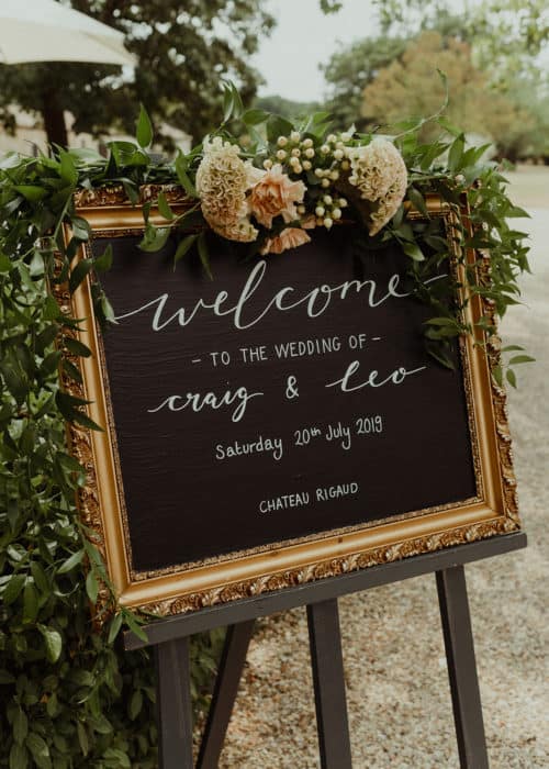 sign welcoming guests to craig and leos wedding