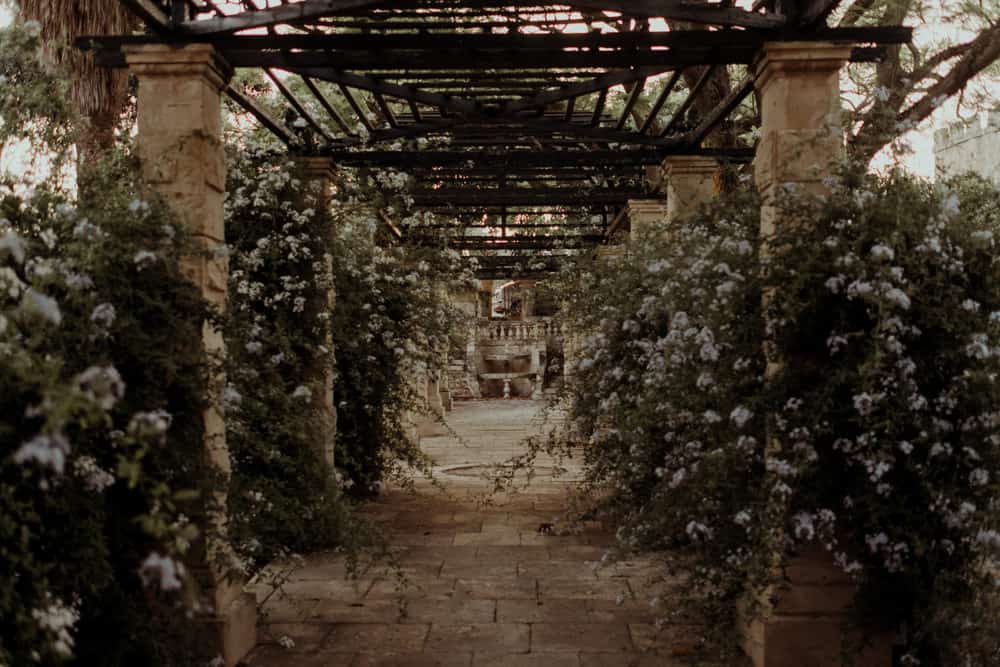 wedding stone walkway with flowers