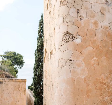 angled shot of the hexagonal stone wall tiles at Cap Rocat wedding venue in mallorca