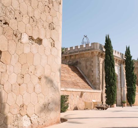Exterior view of the old fortress walled courtyard cap rocat wedding venue in mallorca Spain