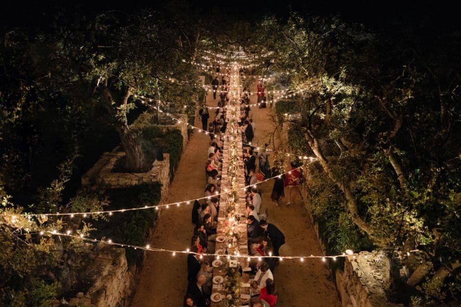 long wedding table lit up