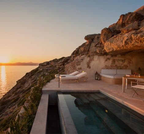 unique room in a cave for newlyweds with a pool overlooking the sea at cap rocat wedding venue in mallorca spain
