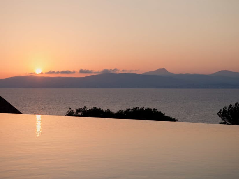 sunset reflecting on the pool at cap rocat hotel wedding venue in mallorca spain