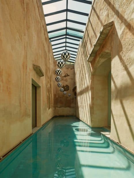 narrow swimming pool at cap rocat wedding venue Mallorca