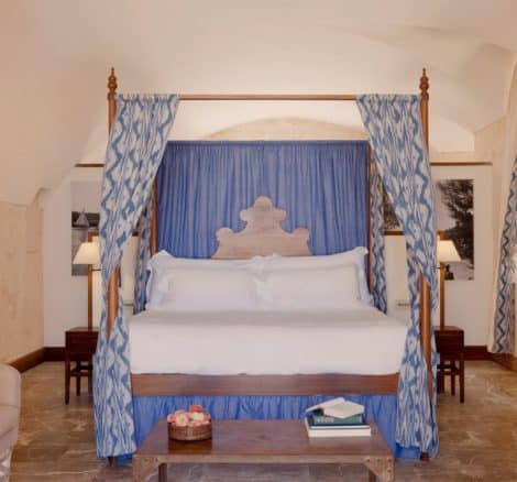 four poster bed in a suite at cap rocat wedding venue in mallorca
