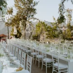 Wedding Tables with hanging chandeliers at Honeyli Hill Wedding Venue in Larnaca Cyprus