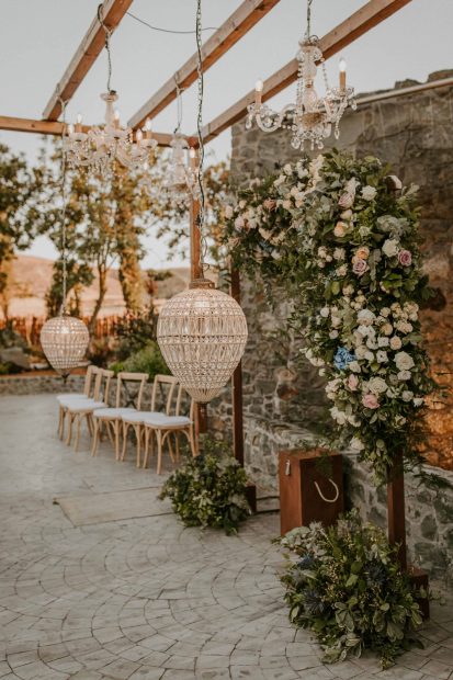 white lanterns hanging at wedding