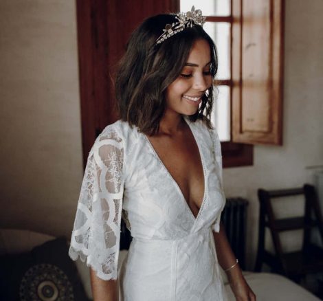 bride in her lace wedding dress with embellished crown at spanish wedding venue casa la siesta