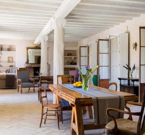 dining room with glass vase and French windows at spanish wedding venue casa la siesta in spain