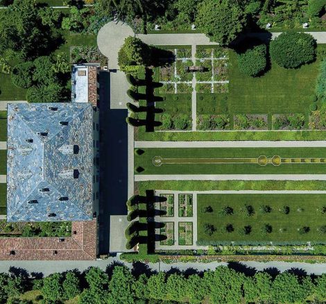 aerial view overhead of luxury destination wedding venue villa balbiano and its grounds which back onto lake como