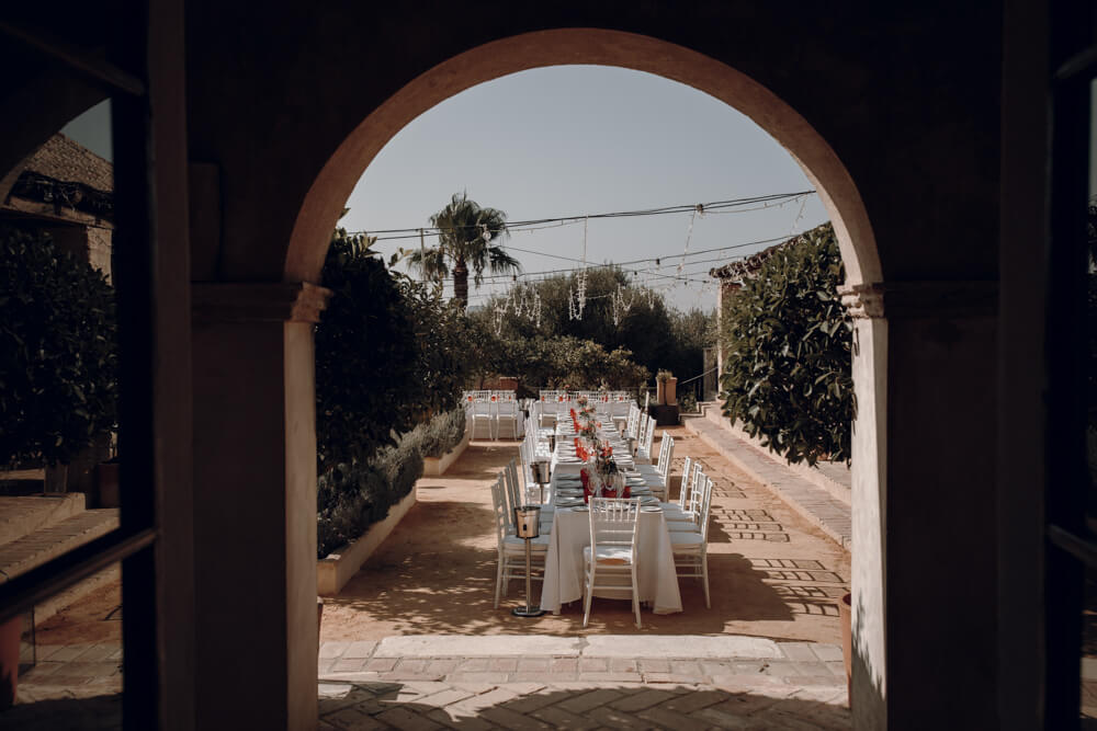 the dining table set up for jess and adams wedding guests