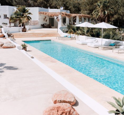 rectangular pool and loungers at ibiza wedding venue pure house