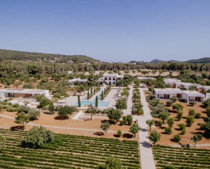 aerial shot above the grounds of stunning ibiza wedding venue ca na xica