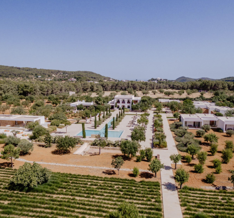 aerial shot above the grounds of stunning ibiza wedding venue ca na xica
