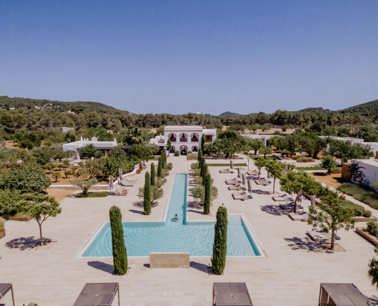 The long T shaped pool area at Ca Na Xica a unique Wedding Venue in Ibiza
