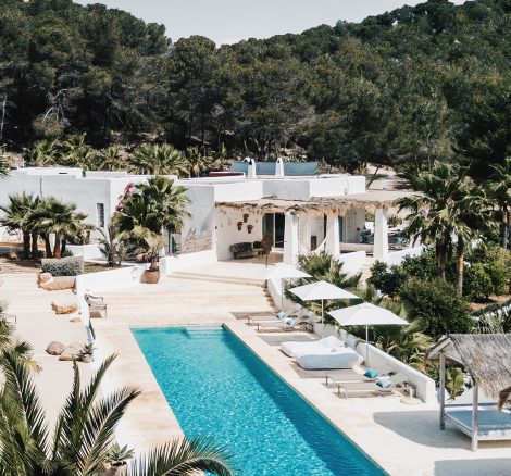 the rectangular pool area for a wedding ceremony at unique wedding venue in ibiza pure house