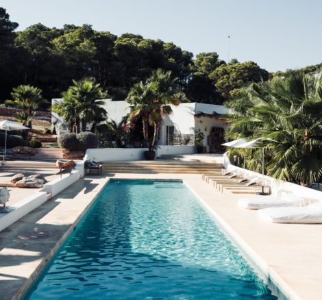 view up over the pool towards the house at ibiza wedding venue pure house