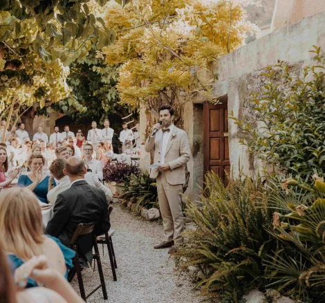 outdoor garden wedding ceremony at villa catalina in Spain