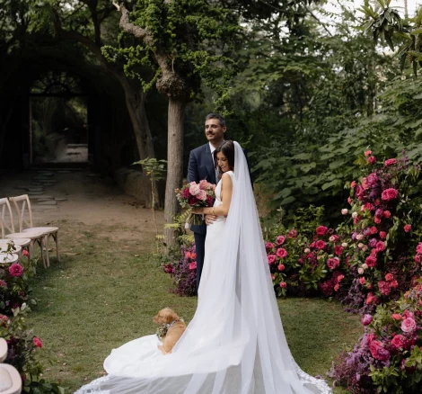Bride and Groom in the garden at Spanish wedding villa villa catalina