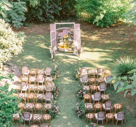 aerial view of wedding ceremony set up at rustic spanish wedding venue Villa Catalina