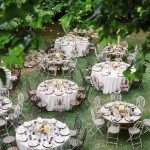 circular wedding tables laid on the lawn at spanish wedding venue Villa Catalina