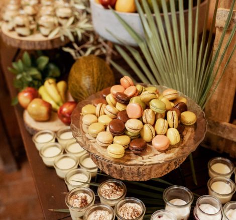 Dessert assortment of macarons and fruit at Spanish wedding venue Villa Catalina