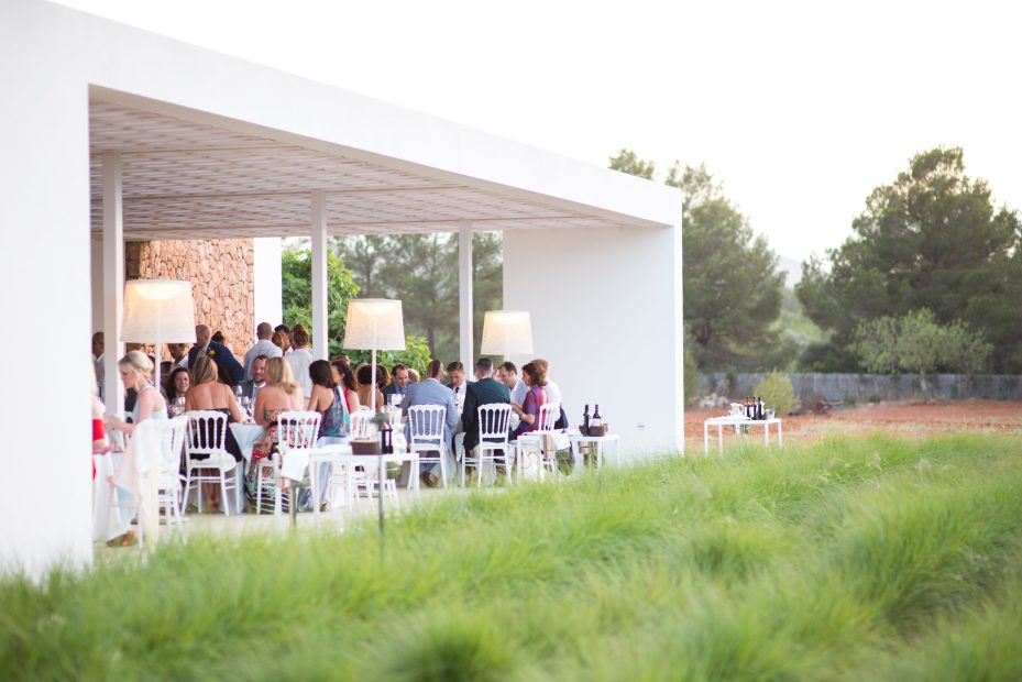 wedding breakfast with guests at ca na xica wedding venue in ibiza