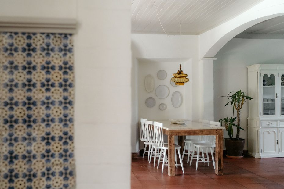 portuguese mosaic tiles and dining area inside wedding venue casa sacoto in portugal