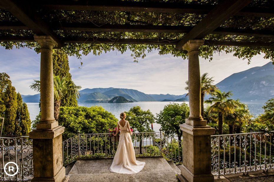 Bride looking out over Lake Como from wedding venue