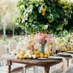 wedding tables laid up with lemon trees at Son Doblons wedding venue in mallorca spain