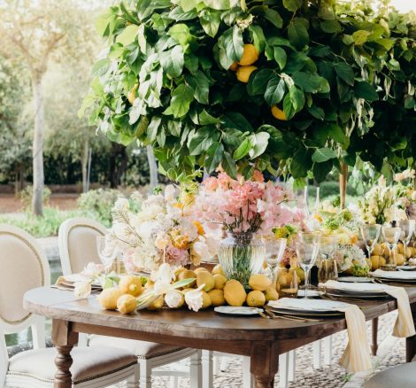 wedding tables laid up with lemon trees at Son Doblons wedding venue in mallorca spain