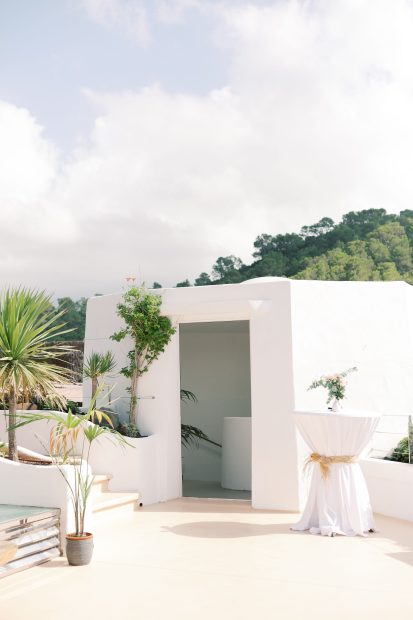 white wall exterior of reception area at ibiza wedding venue Hacienda Na Xamena