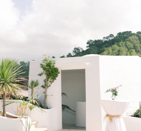 white wall exterior of reception area at ibiza wedding venue Hacienda Na Xamena