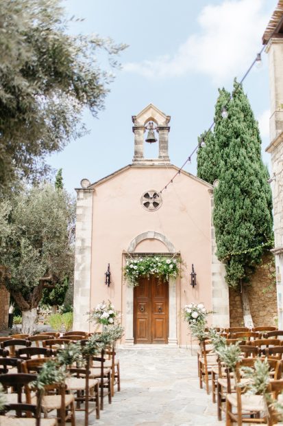 Wedding decorations and ceremony setup at St. Nicolas church at Grecotel Agreco Farm Rethymno Crete