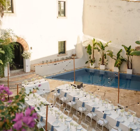 Image of tables at wedding venue with pool in background Masia Victoria