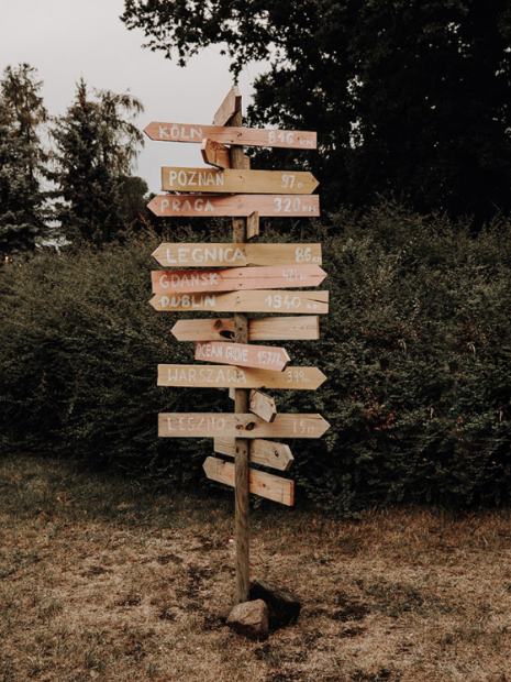 wooden wedding sign pointing in different directions