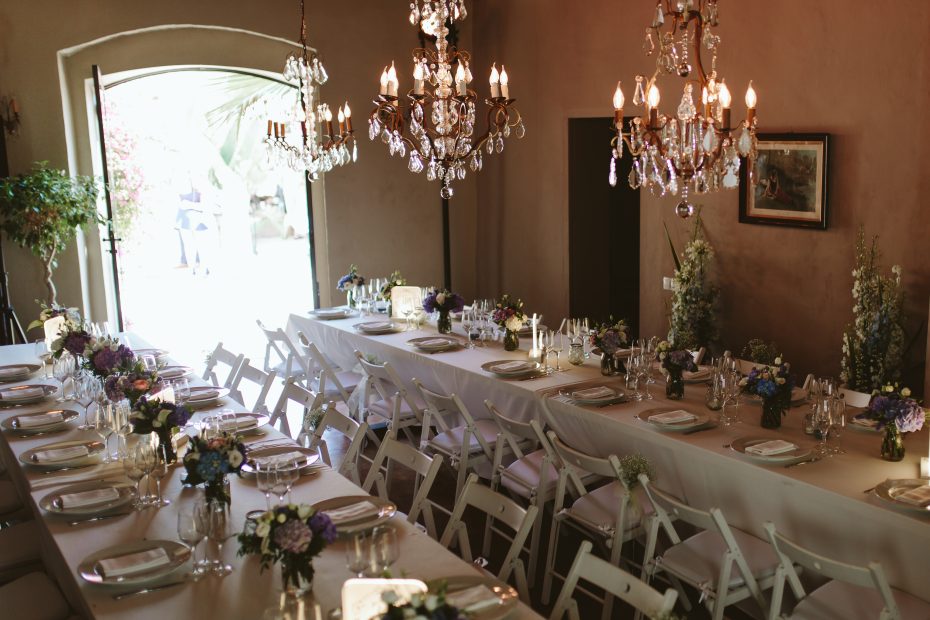 two white rectangular dining tables for a wedding at spanish wedding venue Masia Victoria