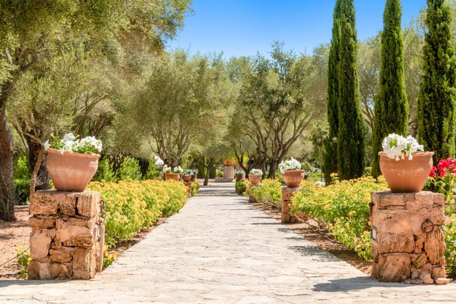 walkway for the bride and groom at son doblons spanish wedding venue in mallorca