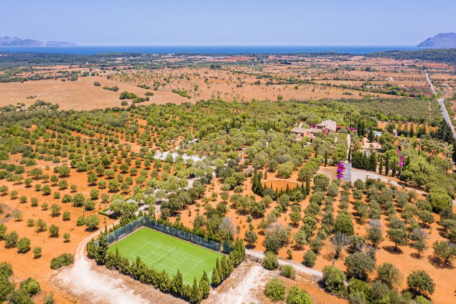 a shot above the wedding venue and grounds aerial shot above the grounds of son doblons wedding venue in mallorca