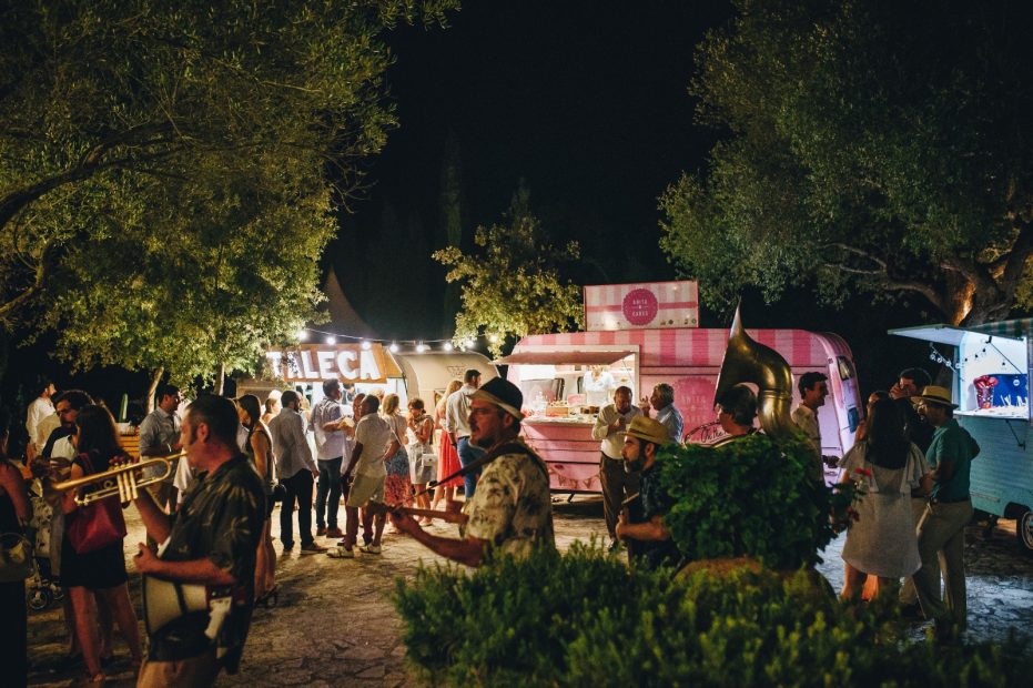 cool catering trucks outdoors at Son Doblons wedding venue in mallorca spain