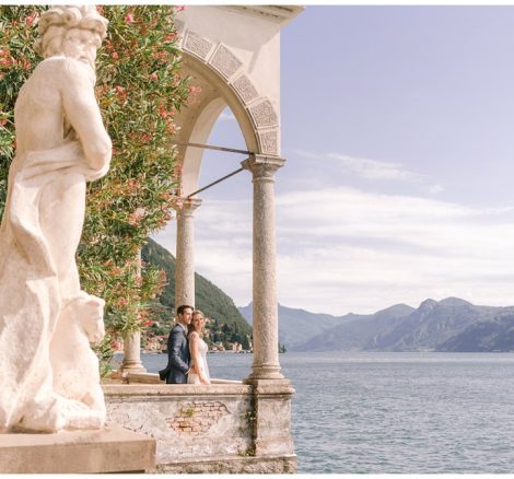 bride and groom photoshoot looking out over lake como at villa cipressi luxury wedding venue