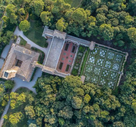 aerial view above the walled gardens at Italian wedding venue Villa Imperiale Pesaro