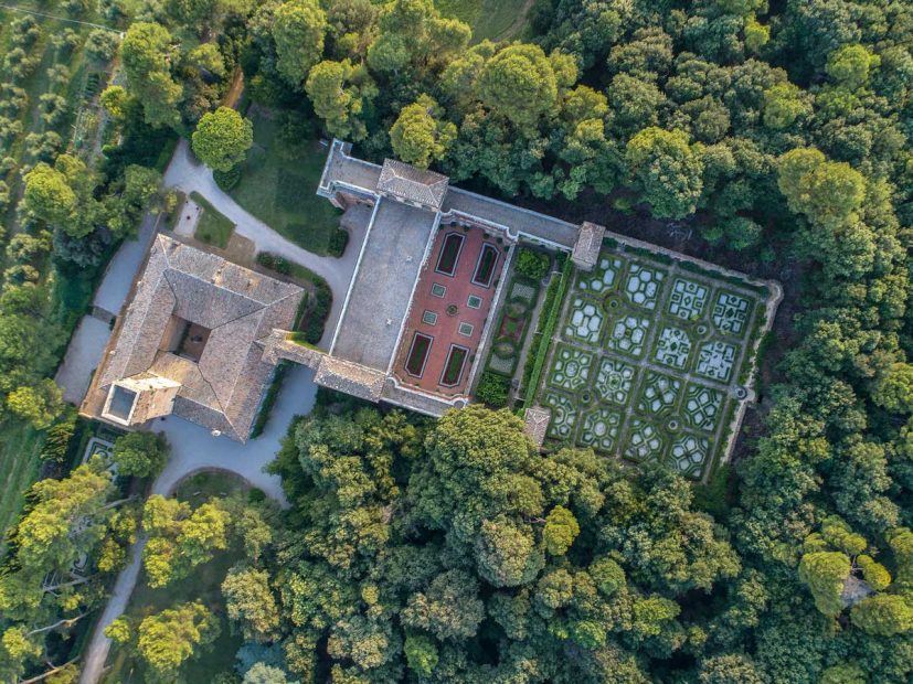 aerial view above the walled gardens at Italian wedding venue Villa Imperiale Pesaro