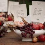 grapes and fruit in bowls with table names at Italian wedding venue convento dell'Annunciata