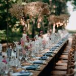 long rectangular table with cool florals and pastel colours